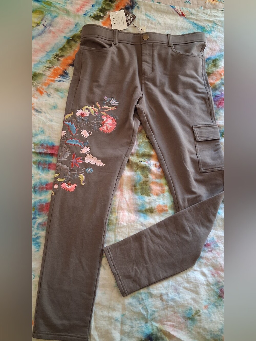 Matilda Jane Gray Cargo Legging Pants with Pink Floral Embroidery